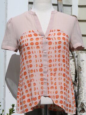 HINGE for Anthropologie Blush Pink w Orange Dots Crepe Chiffon V-Neck Top Sz XS